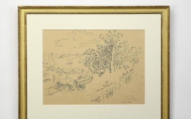 Signed Raoul Dufy coastal landscape drawing, 1942