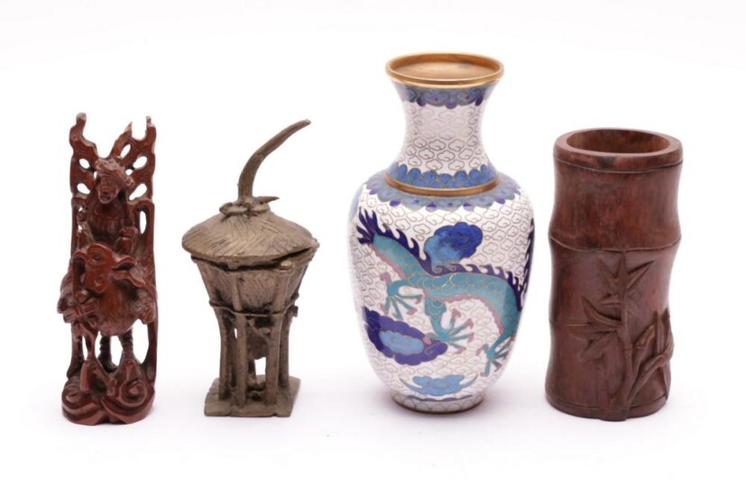 Small bamboo brushpot H:12cm, together with other items incl cloisonne vase, coins and others