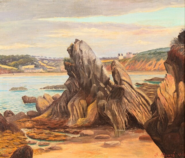 Stanislas DOARE (XIX-XX) "Douarnenez 1912, the beach of Ris seen from Plomarc'h" hst sbd 46x55