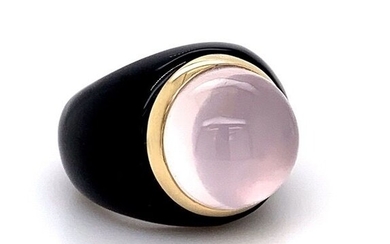 Statement-Ring - 14 kt. Yellow gold - Ring Rose quartz 16 mm diameter ring band made entirely of black agate