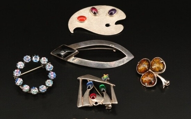 Sterling and 830 Silver Brooches Including Amethyst, Carnelian and Amber
