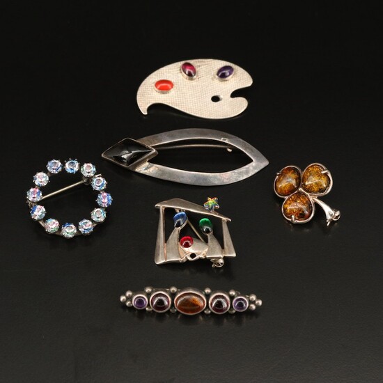 Sterling and 830 Silver Brooches Including Amethyst, Carnelian and Amber