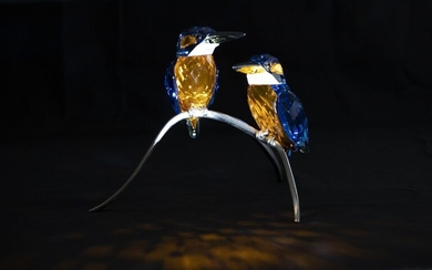 Swarovski crystal figurine, Azure Kingfishers, two birds seated on...