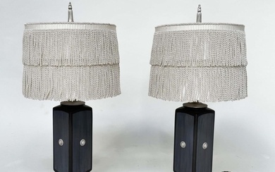 TABLE LAMPS, a pair, Versace style black with silvered lion ...