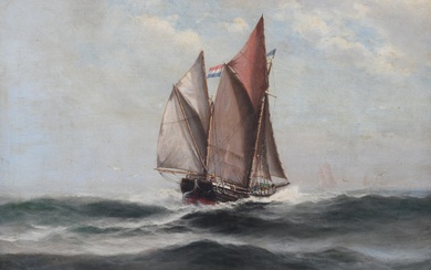 THEODOR VICTOR CARL VALENKAMPH, SWEDISH/AMERICAN 1868-1924, DUTCH SCHOONER IN CHOPPY WATERS, Oil on canvas, 18 x 24 in. (45.7 x 61 cm.), Frame: 28 x 34 1/4 in. (71.1 x 87 cm.)