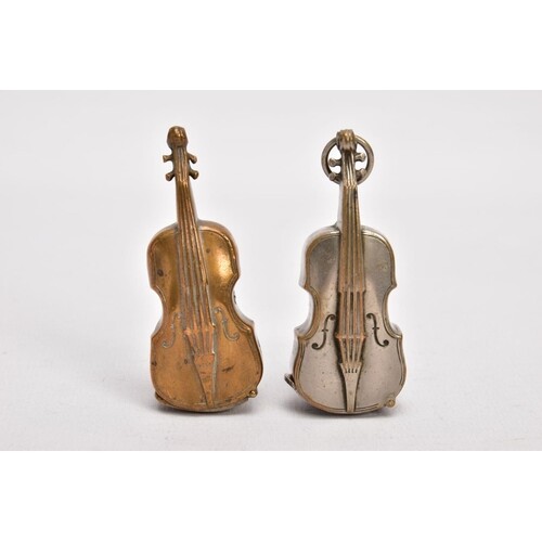 TWO BRASS VIOLIN VESTA CASES, both with hinged sprung strike...