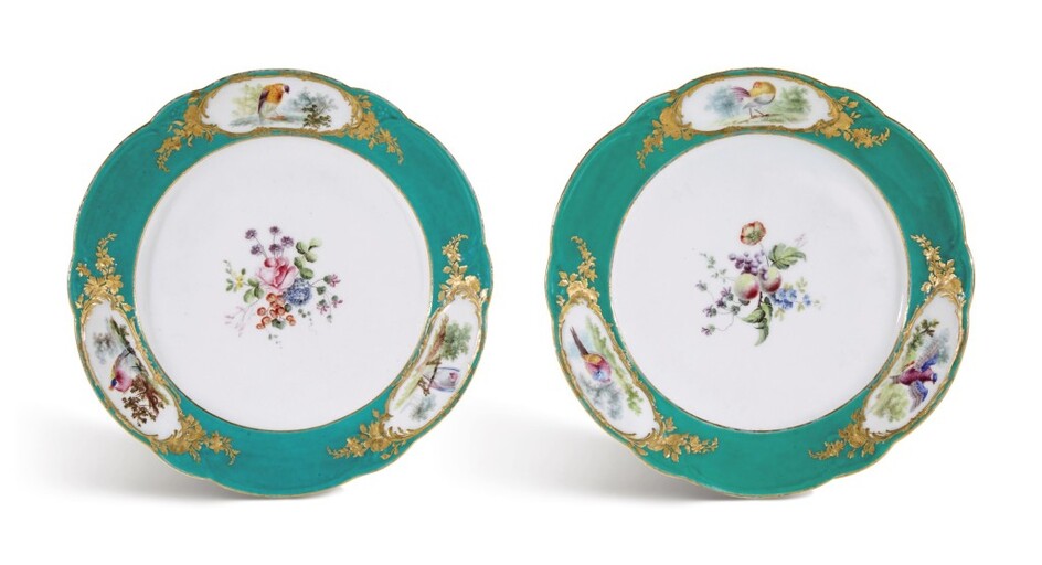TWO VINCENNES OR EARLY SEVRES PORCELAIN GREEN-GROUND PLATES FROM THE FREDERIK V SERVICE, CIRCA 1755