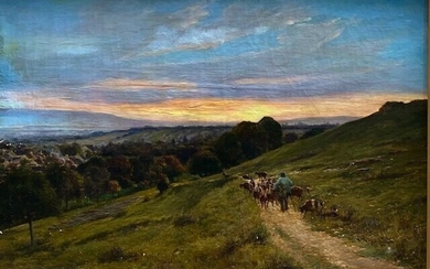 Tancrède BASTET (1858-1942) : Berger et son troupeau au crépuscule Huile sur toile signée en...