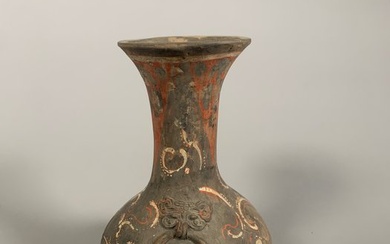 Terracotta Ancient Chinese - Hu in Gray Terracotta with Tao Tie Masks and painted decoration - Han Dynasty - ca - 30 cm