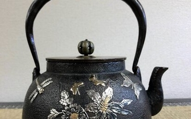 Tetsubin (1) - Iron and bronze covers - An iron pot with auspicious meaning with signature 龍文堂造“Ryubundozo” - Japan - Taishō period (1912-1926)