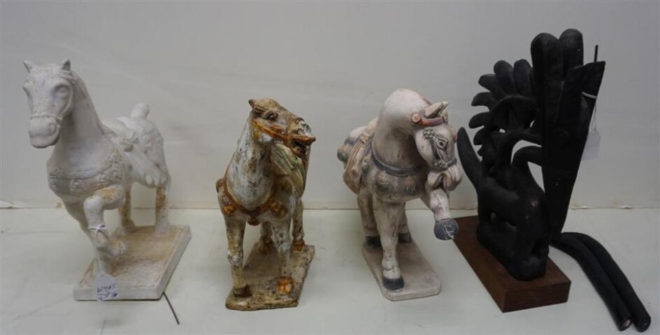 Three Chinese T'ang Style Pottery Figures of Horses and African Black Glazed Pottery Antelope Headdress