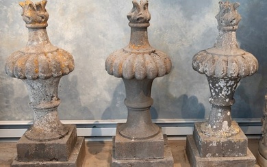 Three Large 18th C Hand-Carved Belgian Bluestone Pot au Feu (Flame) Finials