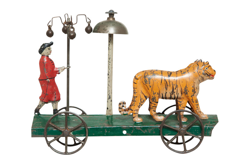 Tin Toy of Trainer and Two Tigers on Mobile Platform