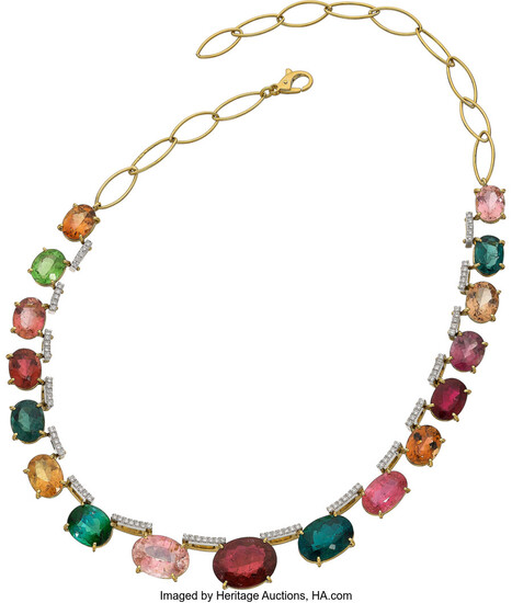 Tourmaline, Diamond, Gold Necklace Stones: Oval-shaped tourmaline weighing a...