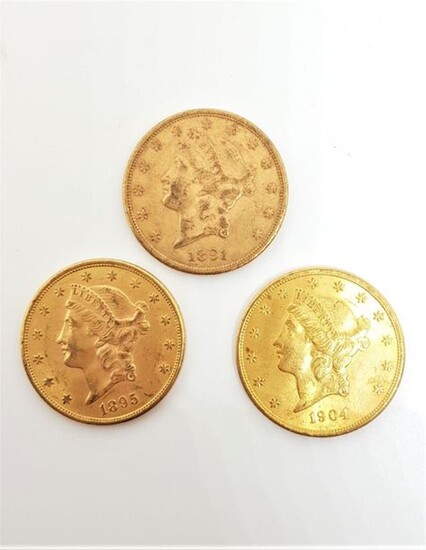 Trois pièces de 20 Dollars : 1891 (S), 1895... - Lot 0 - Euvrard & Fabre