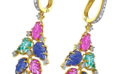 Tutti Frutti 7.82 Ct Sapphire and Ruby , 3.60 Ct Emerald and 0.82 Ct Diamonds - 18 kt. Yellow gold - Earrings