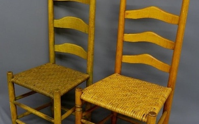 Two Early 19th Century American Ladder Back Hand Made Wood Pegged Rush Seat Chairs - h 39" - good