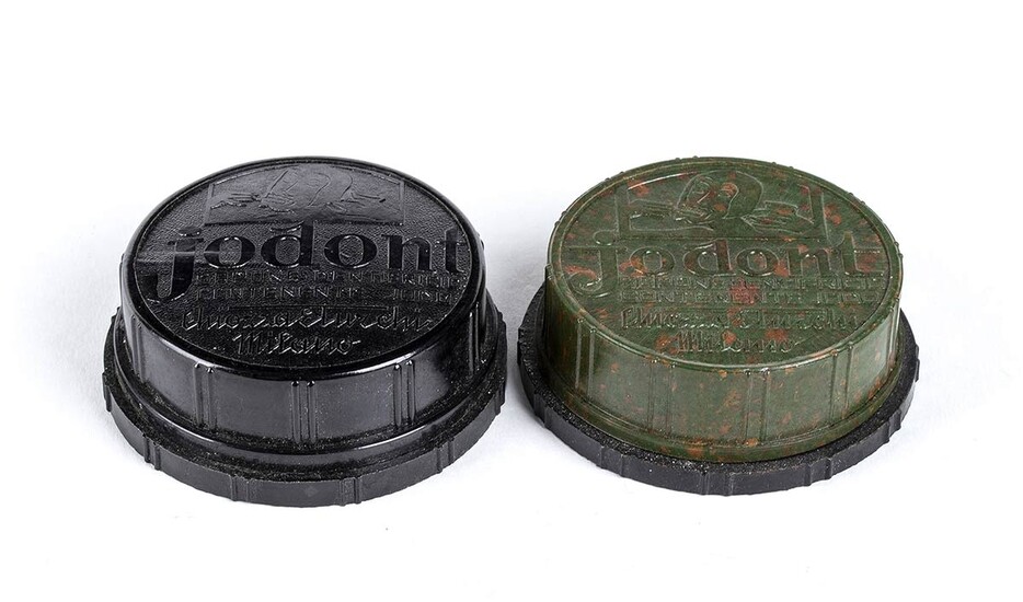 Two Jodont green and black boxes Bakelite, d. 6...