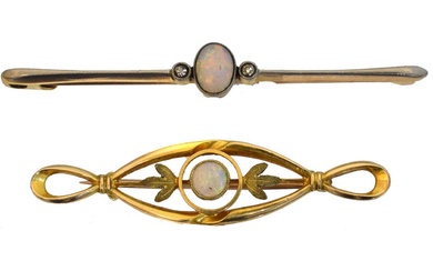 Two early 20th century 15ct gold opal bar brooches.