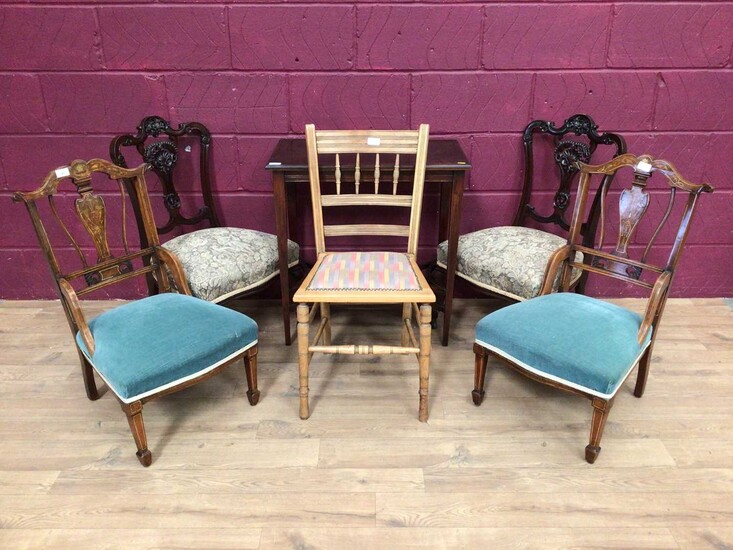 Two pairs of Edwardian nursing chairs, spindle back chair and a side table (6)