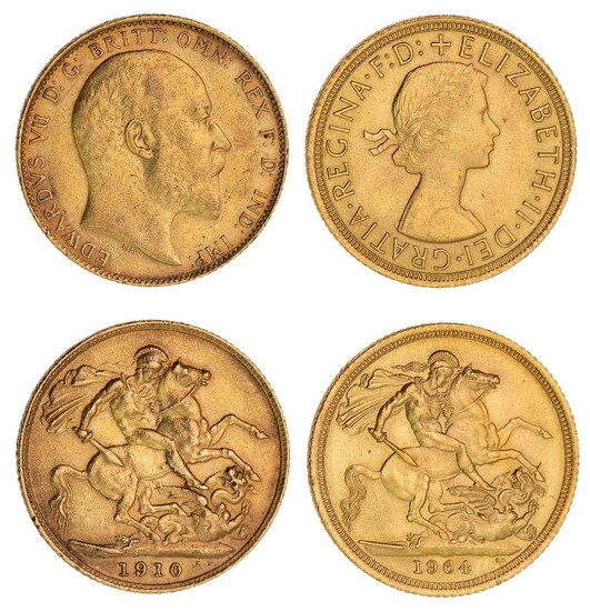 Two sovereigns, dated Edward VII 1910 and Elizabeth II 1964 (2)