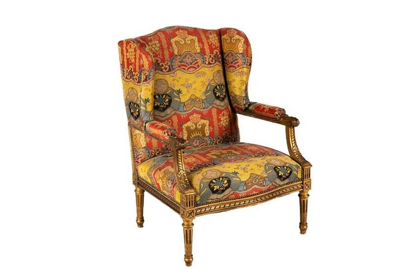 UPHOLSTERED & CARVED GILTWOOD WINGBACK ARM CHAIR