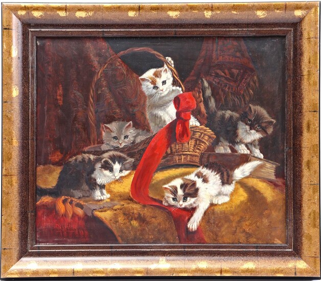 (-), Unclearly signed, composition with kittens, canvas 51x61...