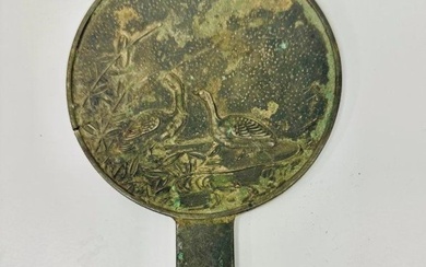 Unique Antique Japanese Bronze Mirror with Handle 19th century