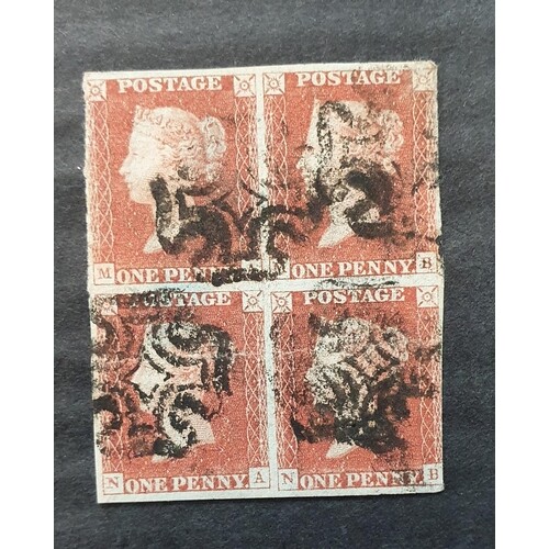 VERY RARE - QV 1841 block of 4 1d reds on penny black plate ...