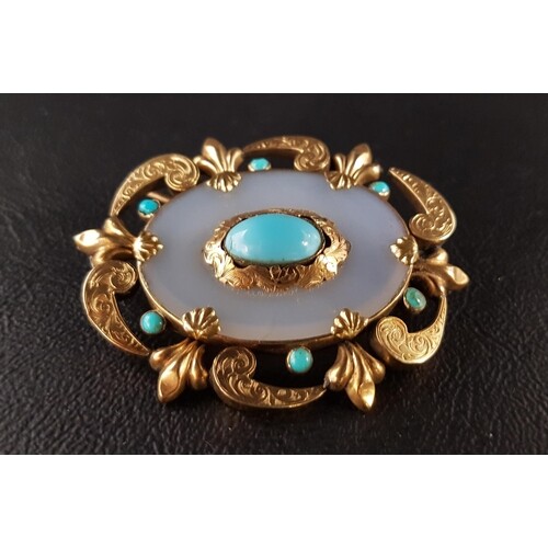 VICTORIAN TURQUOISE AND AGATE SET BROOCH in unmarked gold sc...