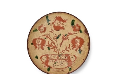 Very Fine Slip and Sgraffito Decorated Red Earthenware Plate, Attributed to Conrad Mumbouer (1761-1845), Haycock Township, Bucks County, Pennsylvania, Dated 1802