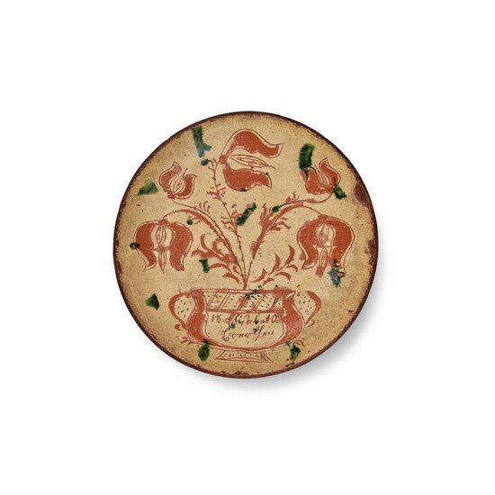 Very Fine Slip and Sgraffito Decorated Red Earthenware Plate, Attributed to Conrad Mumbouer (1761-1845), Haycock Township, Bucks County, Pennsylvania, Dated 1802