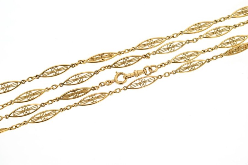 Vest chain or necklace in 18 K (750 °/°°°) yellow gold with openwork and filigree olive mesh.