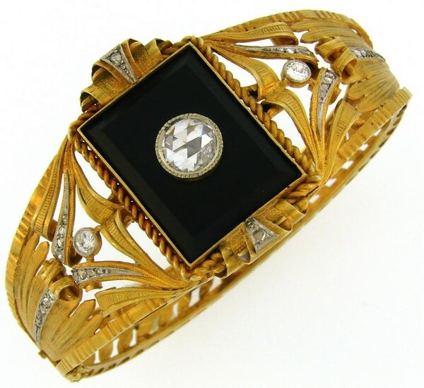 Victorian Black Onyx Diamond Yellow Gold Bangle