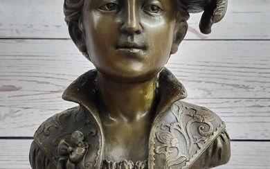 Victorian Era Woman In Feathered Hat Bronze Bust Sculpture - 11" x 5"