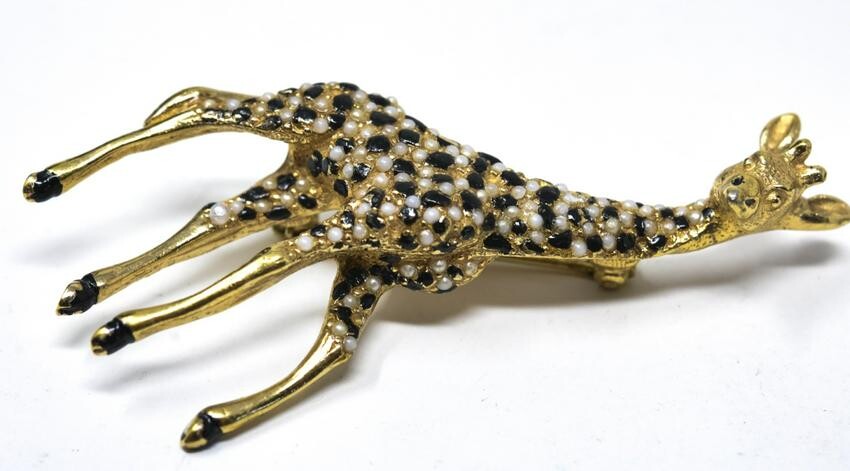 Vintage Gilt Metal Seed Pearl Enamel Giraffe Pin