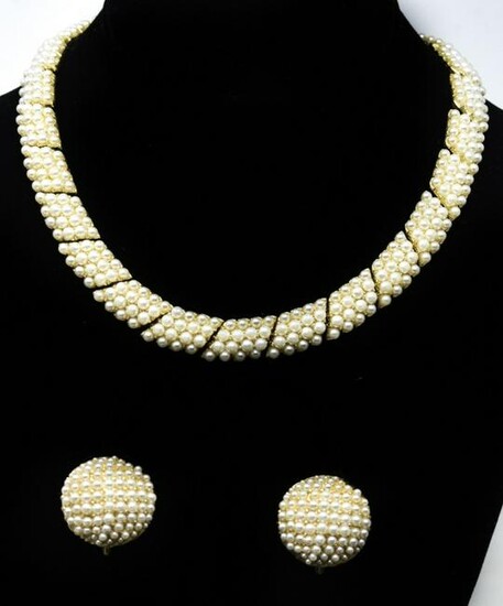 Vintage Gilt Metal & Faux Pearl Necklace & Earring