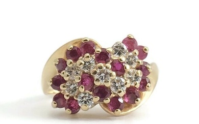 Vintage Red Ruby Diamond Cluster Cocktail Ring in 14K Yellow Gold, 5.11 Grams
