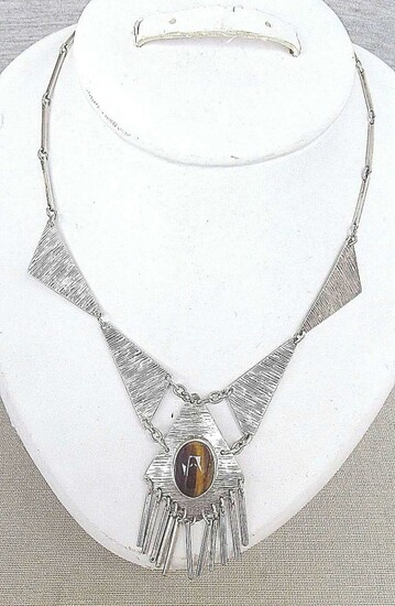 Vintage modernist guilloche silver sterling Necklace set with tiger’s eye, signed, 30 gr., Israel, 1960-70's