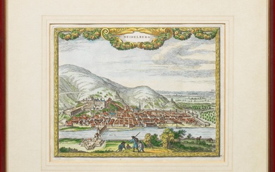 Vue de Heidelberg Gravure sur cuivre/papier coloriée à l'ancienne, vers 1660/70. Gravée par Pieter Hendricksz....