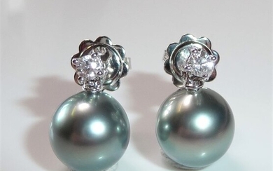 Wempe - 18 kt. White gold - Earrings - 0.16 ct Diamonds + 2 Tahitian pearls 9.5 mm