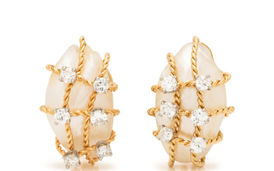 YELLOW GOLD, SHELL, AND DIAMOND EARRINGS
