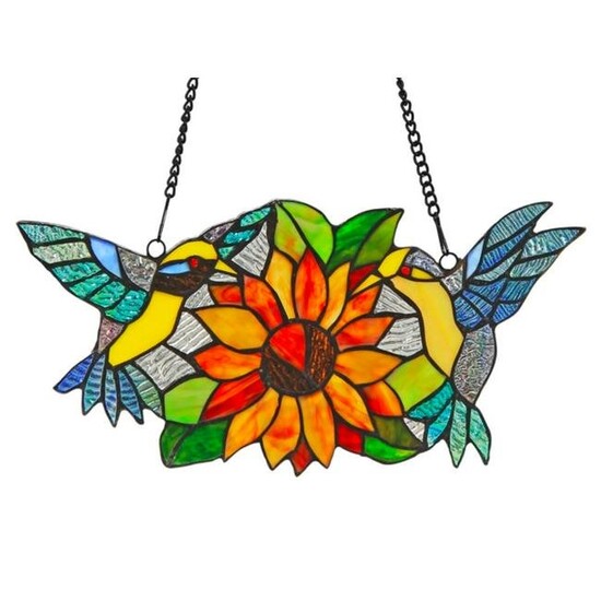 Yellow Birds Sunflower Stained Glass Hanging Panel