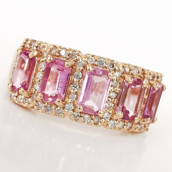 no reserve 2.05 ct pink sapphire & 0.30 ct fancy pink diamonds designer 5 stone ring - 14 kt. Pink gold - Ring Sapphire - Diamonds, AIG Certified