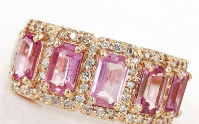 no reserve 2.05 ct pink sapphire & 0.30 ct fancy pink diamonds designer 5 stone ring - 14 kt. Pink gold - Ring Sapphire - Diamonds, AIG Certified