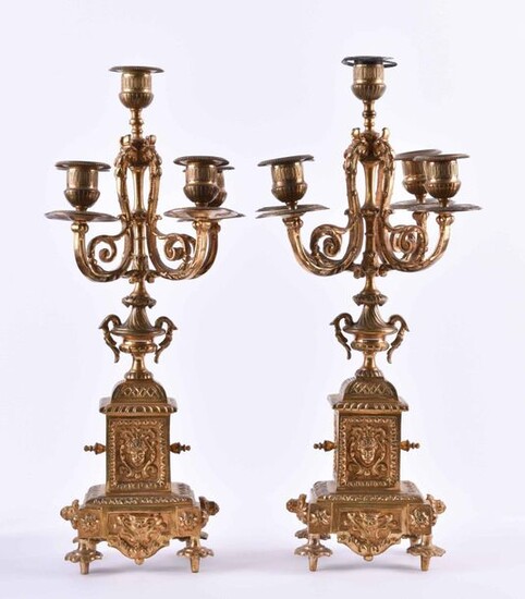pair of girandoles 19th century, bronze, fire-gilt, each 5 flames, h: 42,5 cm