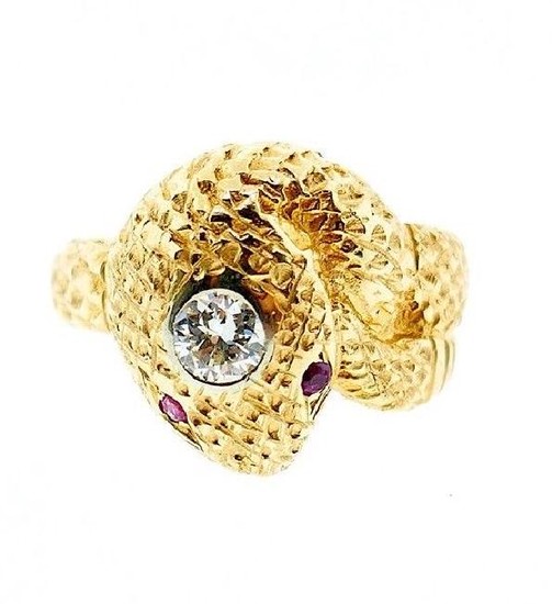 Art Deco 14k Yellow Gold Ruby and Diamond Snake Ring