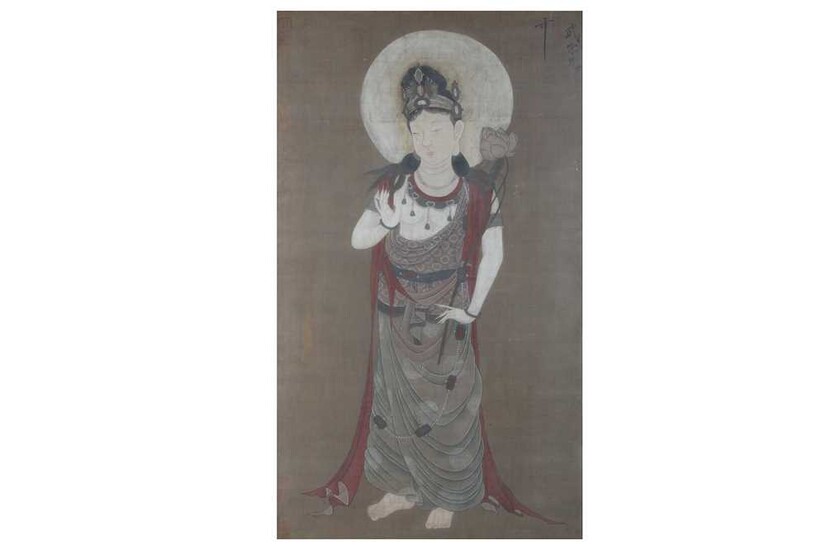 A CHINESE PAINTING ON SILK OF GUANYIN. The standing...