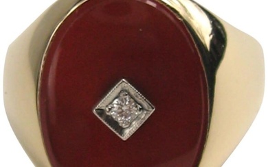 14 Karat Gold Carnelian Signet Ring Diamond Center Midcentury Unisex