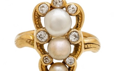 14K Gold Ring with Pearls, Diamond Accents, Ca. 1960, Size: 6.25